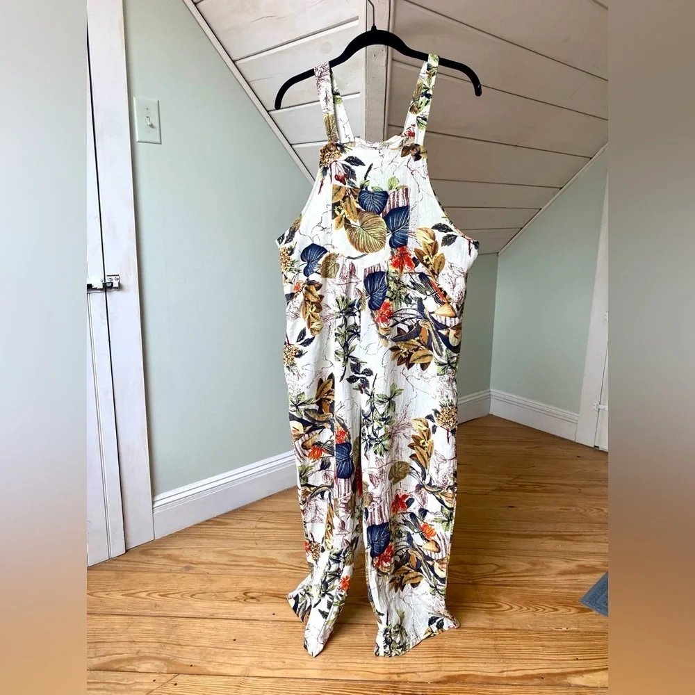 Cotton Blend Floral Plant Foliage Overalls Medium Button Straps Side Zipper - Picture 3 of 13